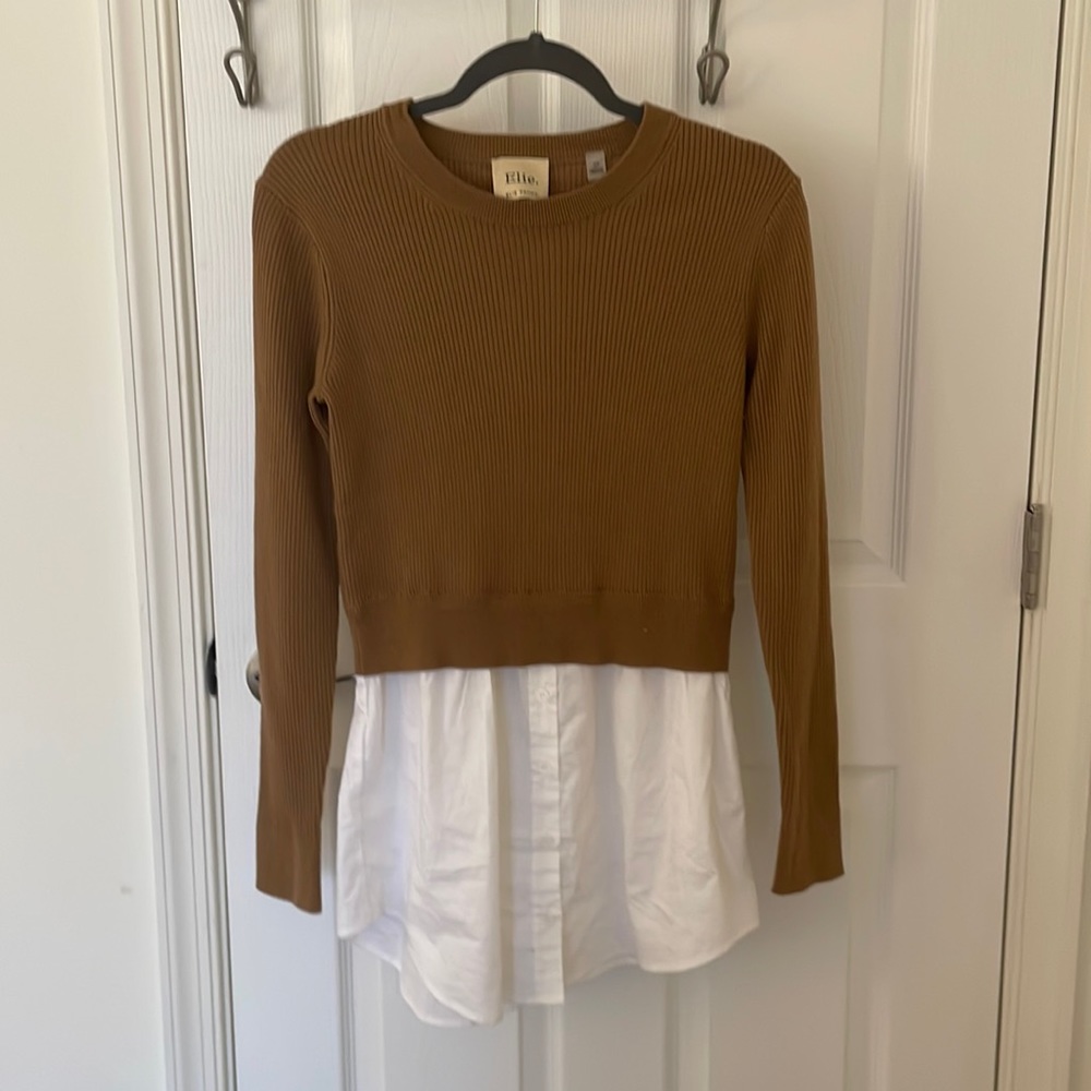 Elie Tahari layered 2fer S merino sweater & cotton top, warm camel